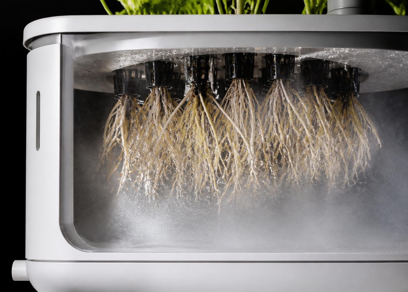 Plant roots in an aeroponic system with fine misting