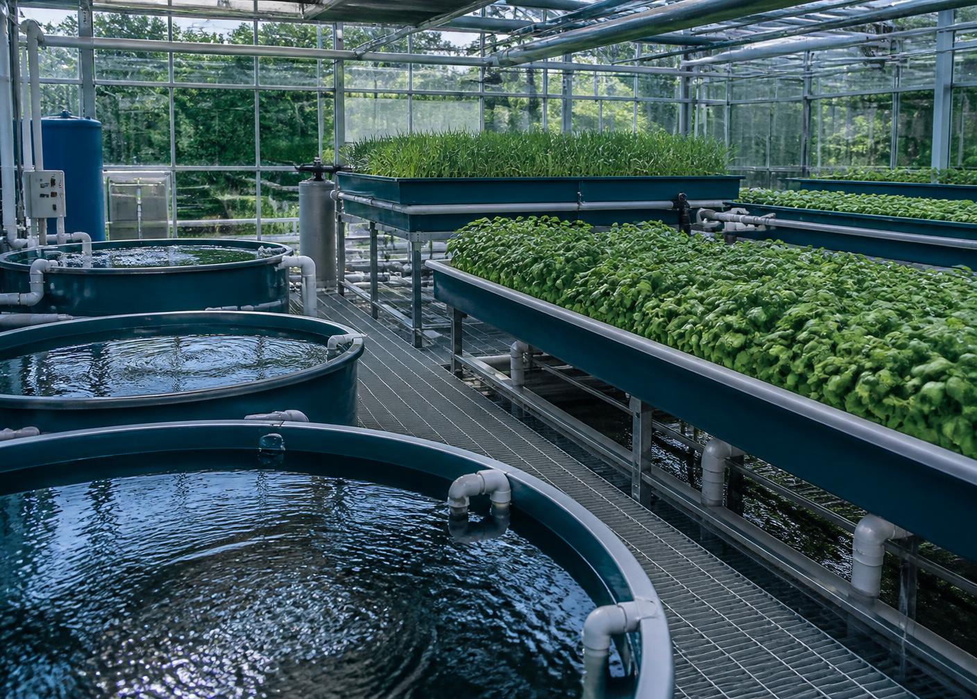 Aquaponic facility with water recirculation tanks and basil beds