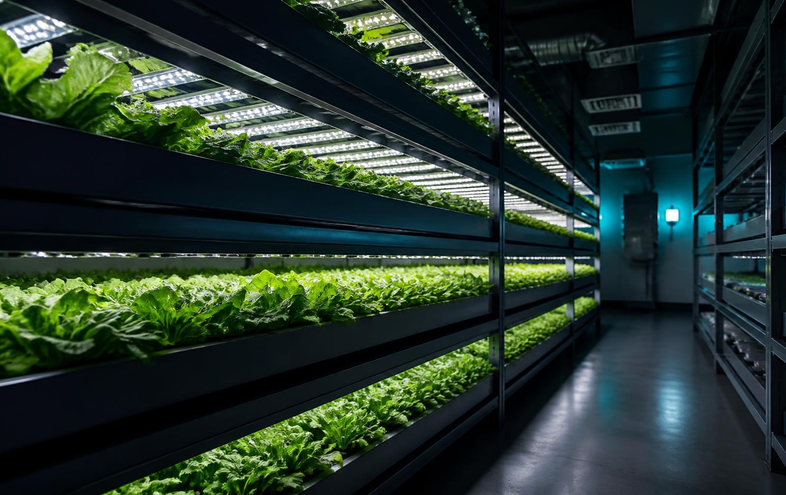 Indoor vertical farm with multi-tier racks and LED lighting